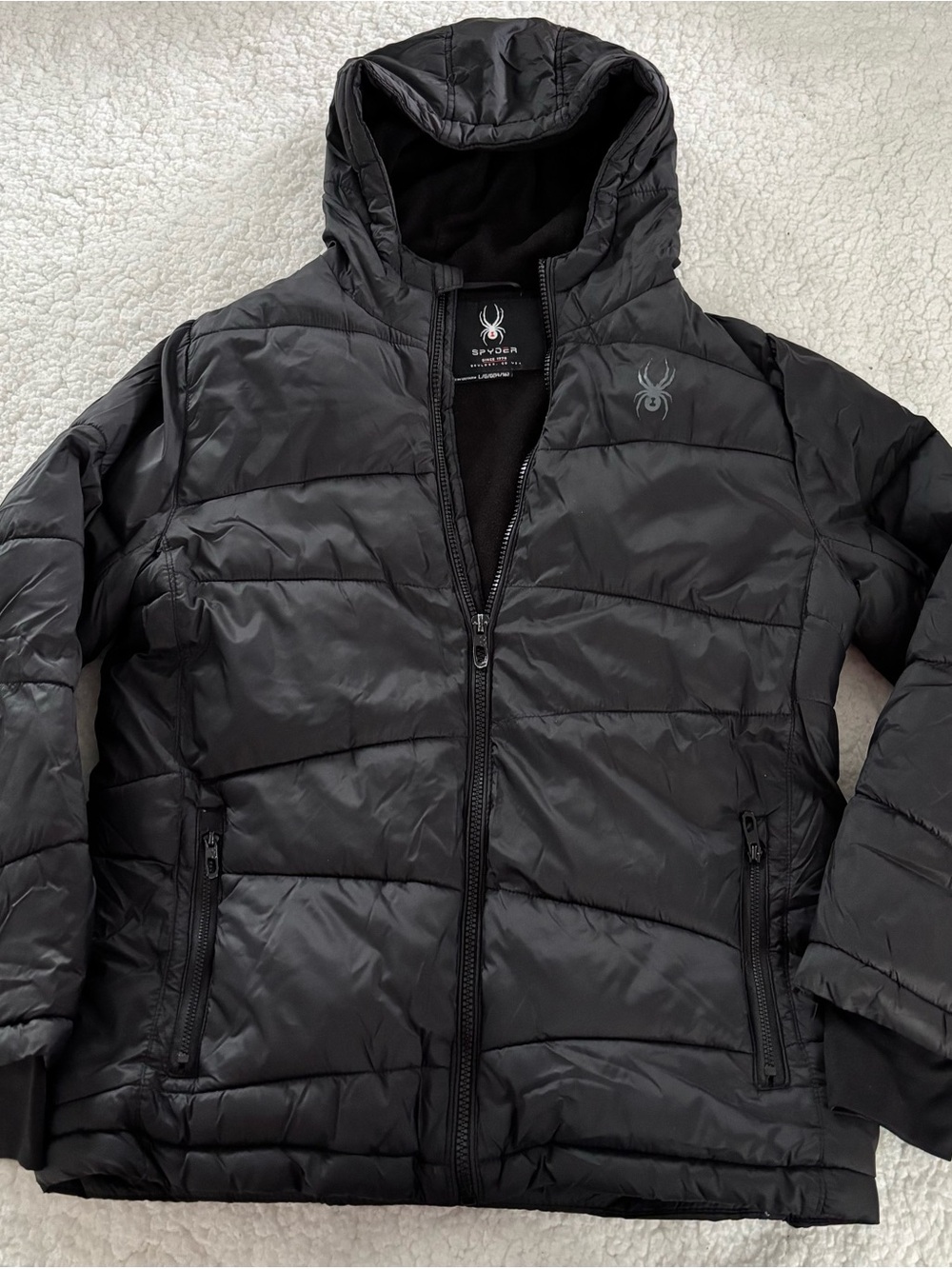 Spyder Kids Black Quilted Hooded Puffer Jacket Size Large